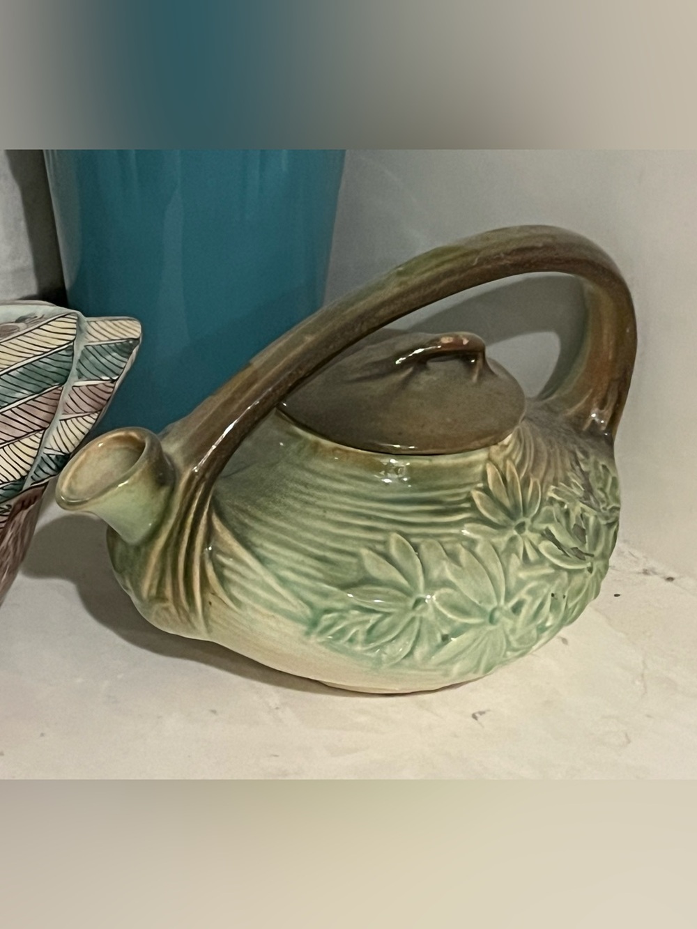 Ceramic Floral Teapot in Green and Cream